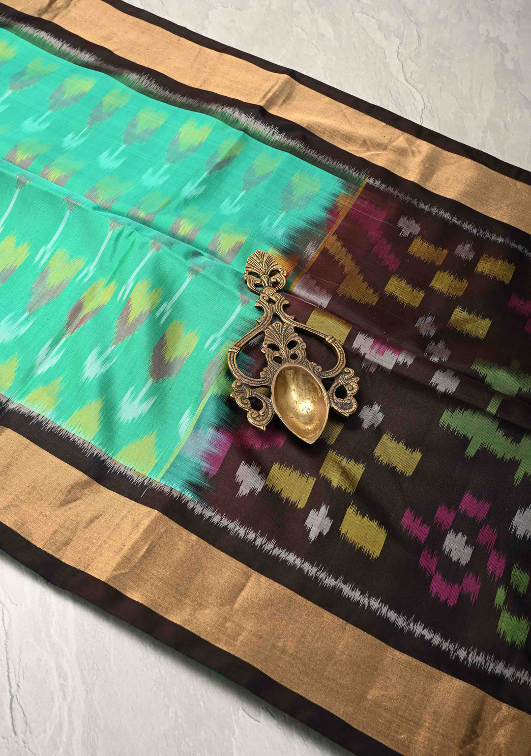 Green Kanjivaram Ikkat Soft Silk Saree with Contrast Brown Tissue Border | SILK MARK CERTIFIED
