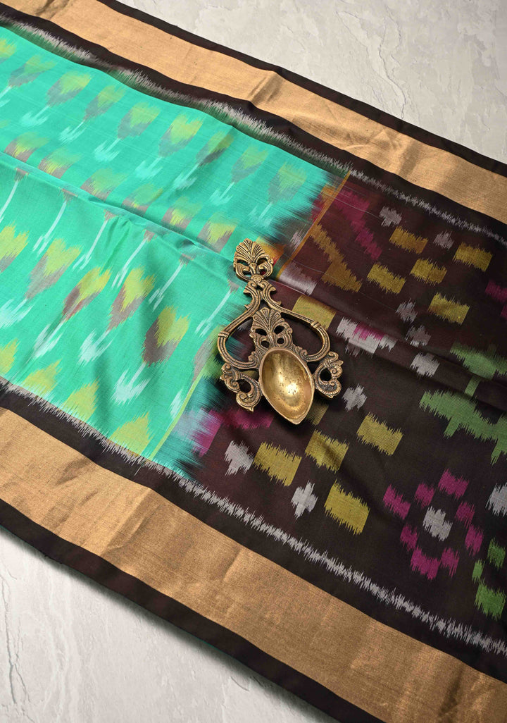 Green Kanjivaram Ikkat Soft Silk Saree with Contrast Brown Tissue Border | SILK MARK CERTIFIED