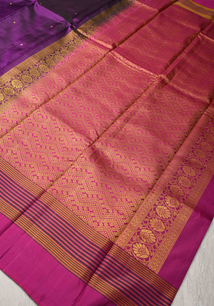 Egg Plant Purple  Kanjivaram Soft Silk Saree with Resham Buttis and Distinct Motifs on Border  | SILK MARK CERTIFIED
