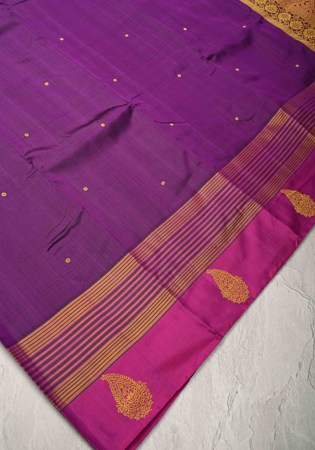 Egg Plant Purple  Kanjivaram Soft Silk Saree with Resham Buttis and Distinct Motifs on Border  | SILK MARK CERTIFIED