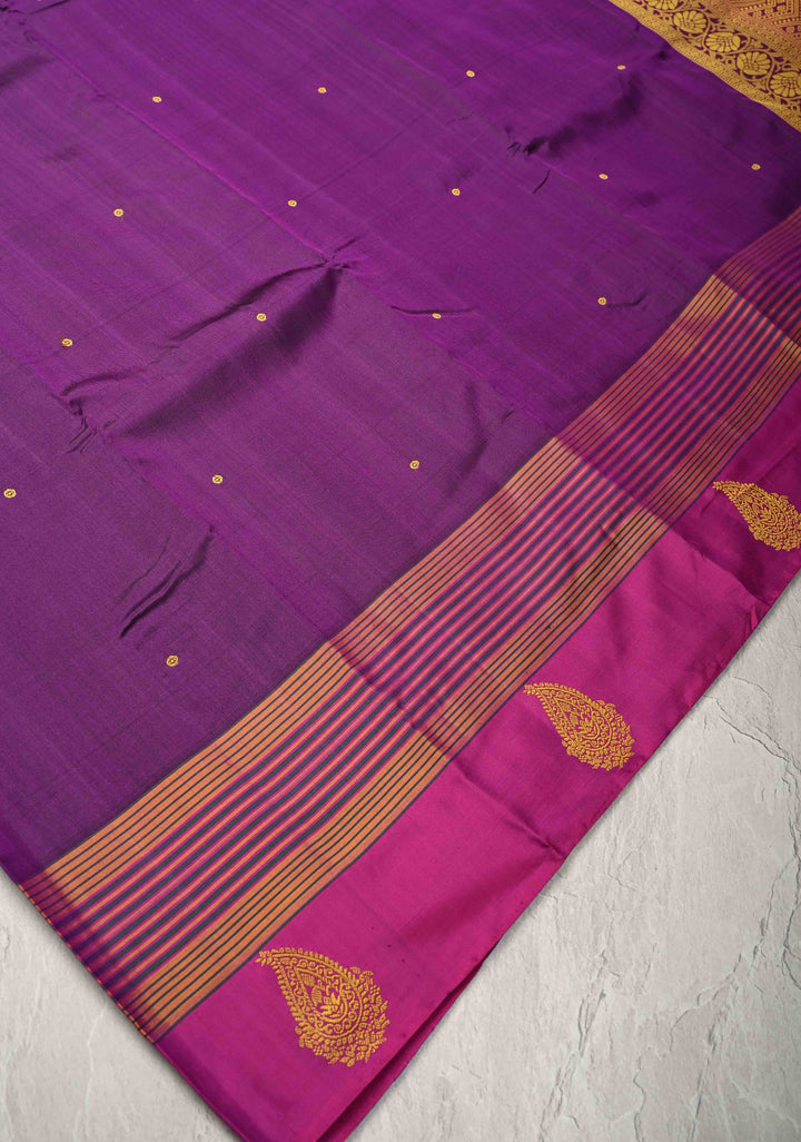 Egg Plant Purple  Kanjivaram Soft Silk Saree with Resham Buttis and Distinct Motifs on Border  | SILK MARK CERTIFIED