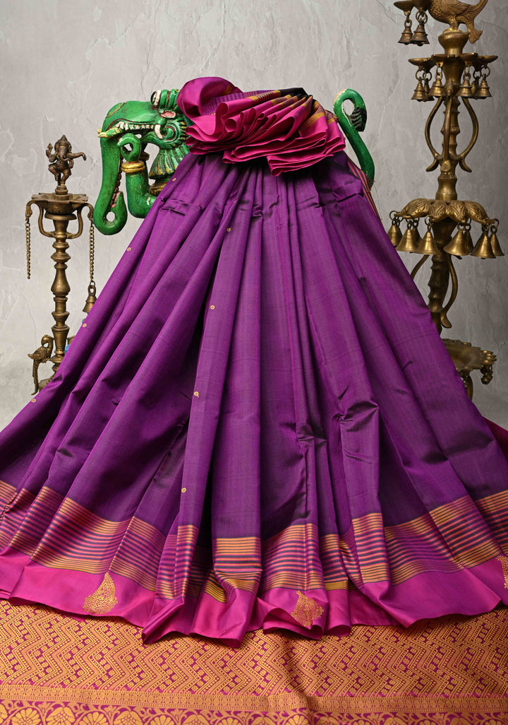 Egg Plant Purple  Kanjivaram Soft Silk Saree with Resham Buttis and Distinct Motifs on Border  | SILK MARK CERTIFIED