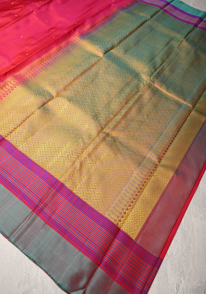 Rani Pink Kanjivaram Soft Silk Saree with Resham Buttis and Distinct Motifs on Border | SILK MARK CERTIFIED