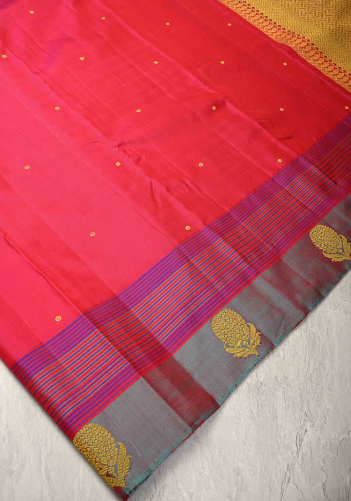 Rani Pink Kanjivaram Soft Silk Saree with Resham Buttis and Distinct Motifs on Border | SILK MARK CERTIFIED