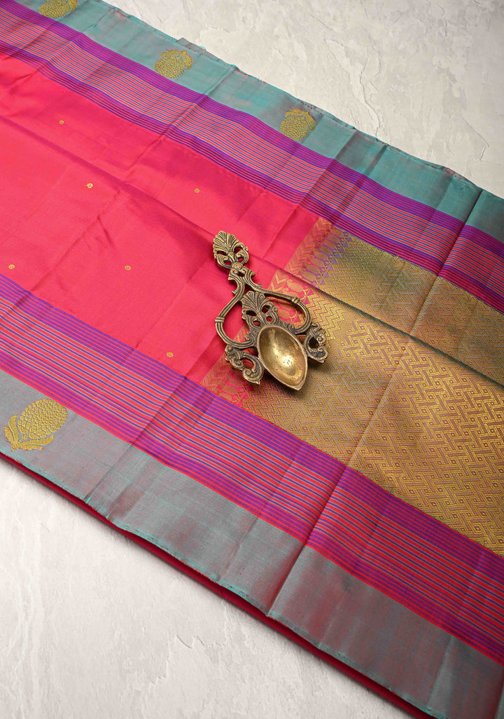Rani Pink Kanjivaram Soft Silk Saree with Resham Buttis and Distinct Motifs on Border | SILK MARK CERTIFIED