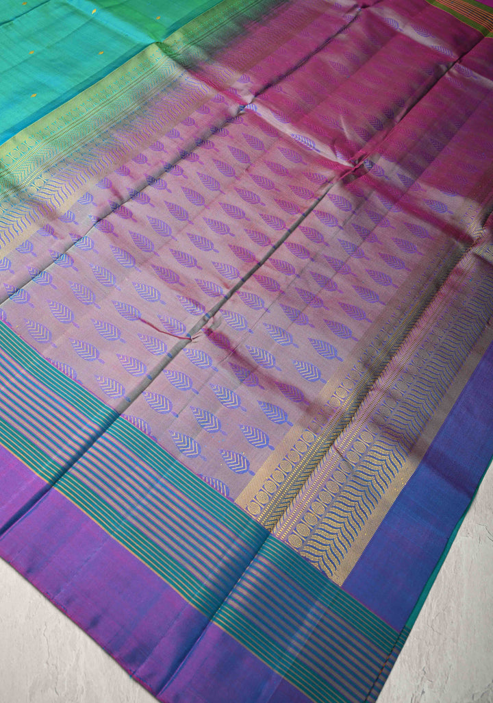 Blue Green Dual tone Kanjivaram Soft Silk Saree with Resham Buttas and Contrast panel Border | SILK MARK CERTIFIED