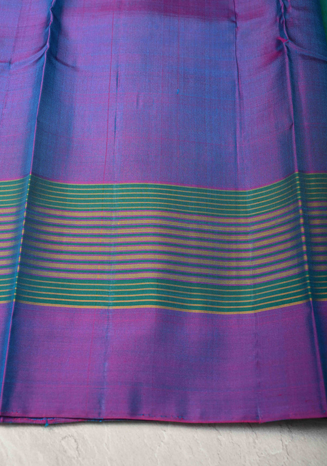 Blue Green Dual tone Kanjivaram Soft Silk Saree with Resham Buttas and Contrast panel Border | SILK MARK CERTIFIED