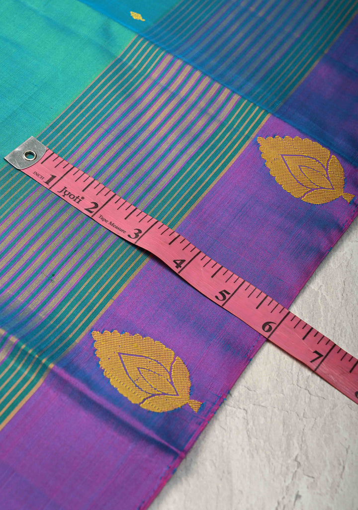Blue Green Dual tone Kanjivaram Soft Silk Saree with Resham Buttas and Contrast panel Border | SILK MARK CERTIFIED