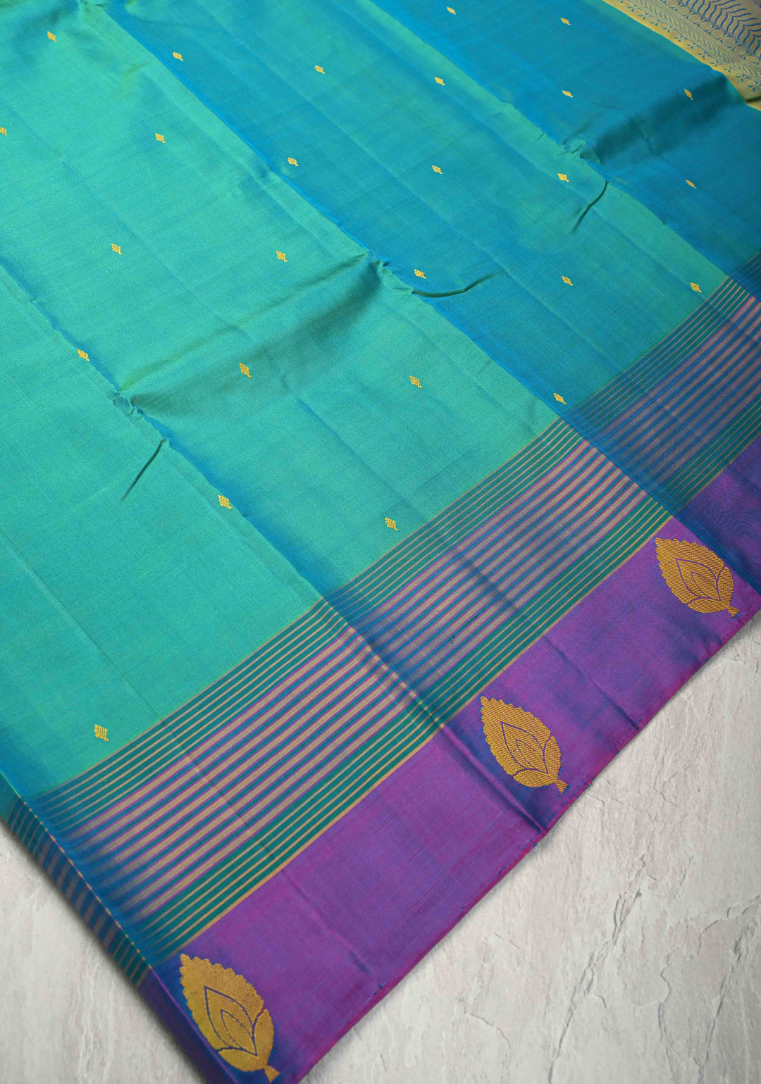 Blue Green Dual tone Kanjivaram Soft Silk Saree with Resham Buttas and Contrast panel Border | SILK MARK CERTIFIED