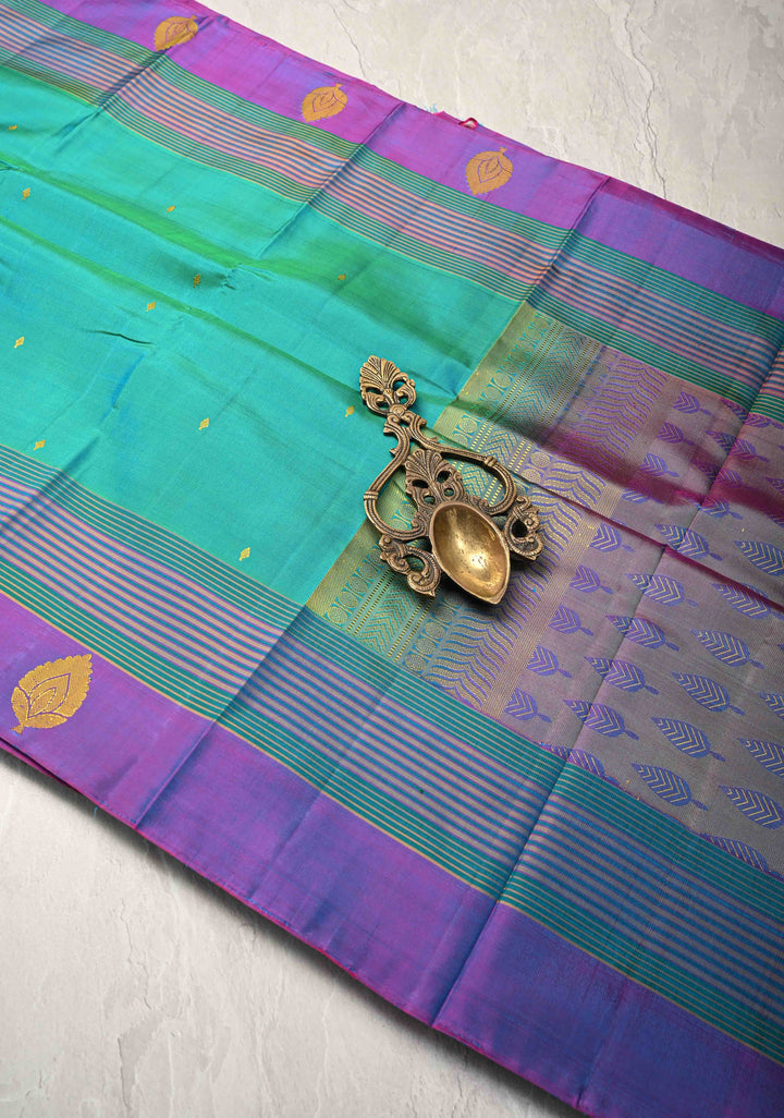 Blue Green Dual tone Kanjivaram Soft Silk Saree with Resham Buttas and Contrast panel Border | SILK MARK CERTIFIED