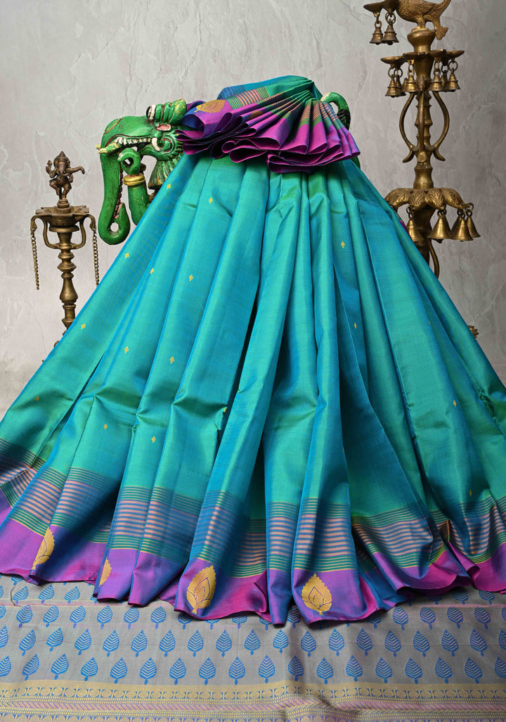 Blue Green Dual tone Kanjivaram Soft Silk Saree with Resham Buttas and Contrast panel Border | SILK MARK CERTIFIED