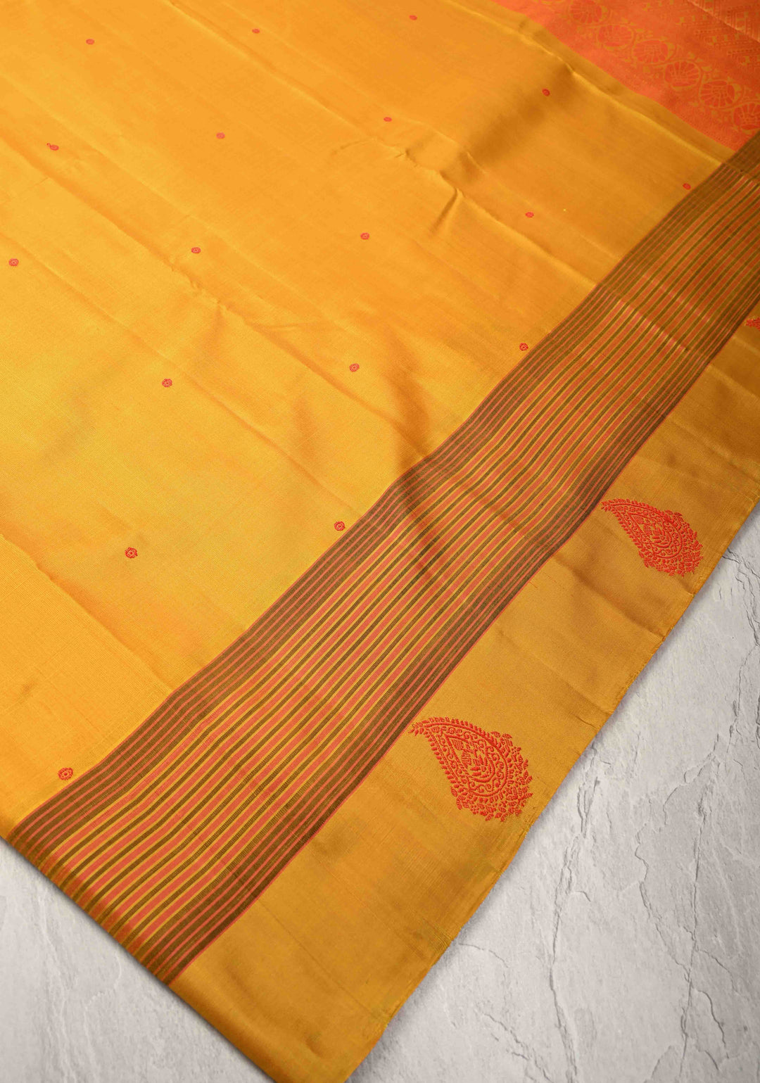 Mustard Yellow Kanjivaram Soft Silk Saree with Resham Buttis and Distinct Motifs on Border | SILK MARK CERTIFIED