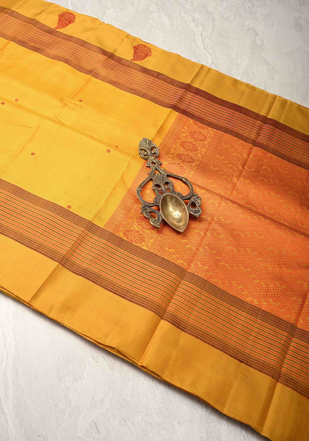Mustard Yellow Kanjivaram Soft Silk Saree with Resham Buttis and Distinct Motifs on Border | SILK MARK CERTIFIED