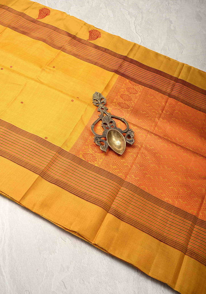 Mustard Yellow Kanjivaram Soft Silk Saree with Resham Buttis and Distinct Motifs on Border | SILK MARK CERTIFIED