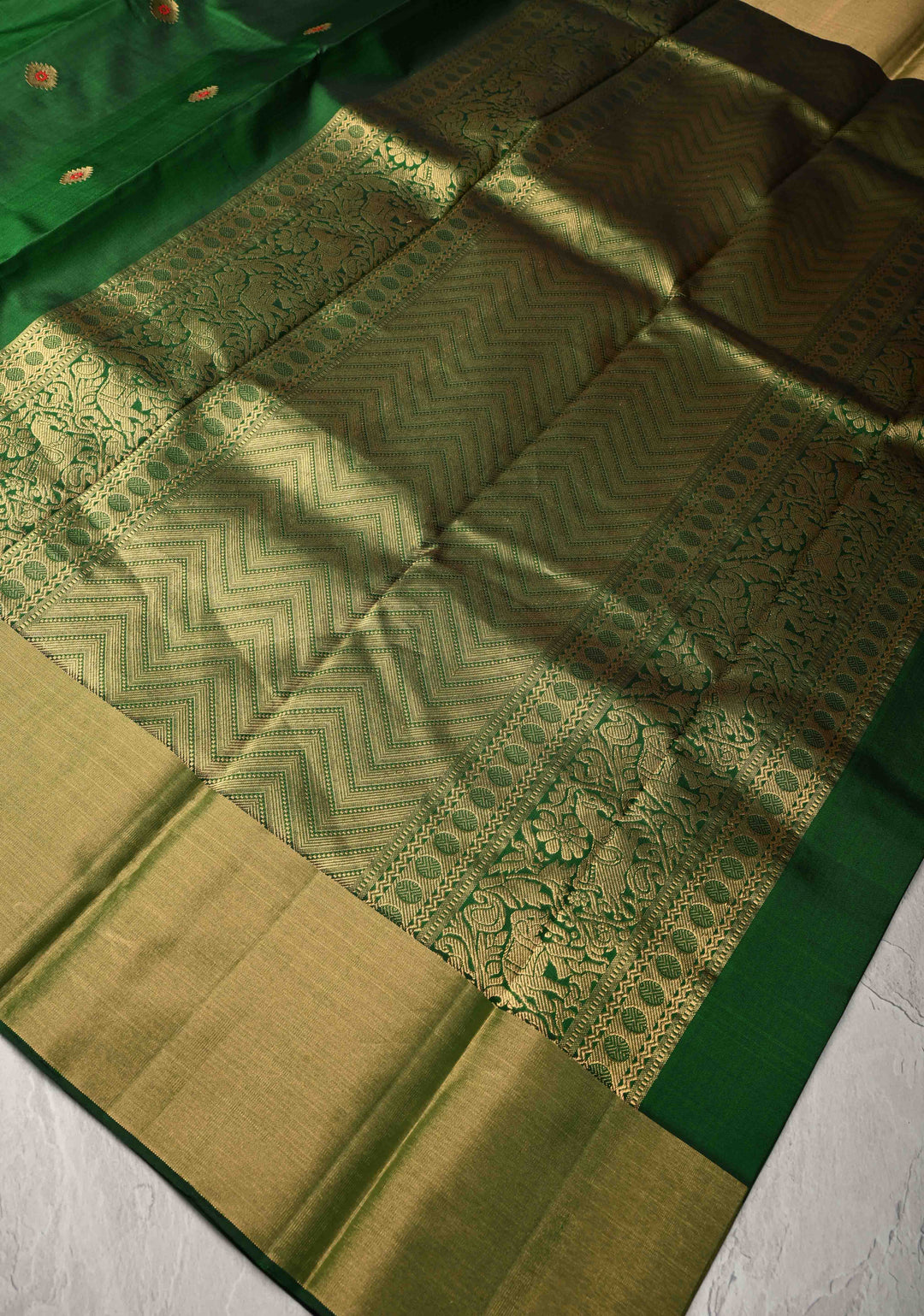 Emerald Green Kanjivaram Soft Silk Saree with Meenakari Buttas and Tissue Border | SILK MARK CERTIFIED