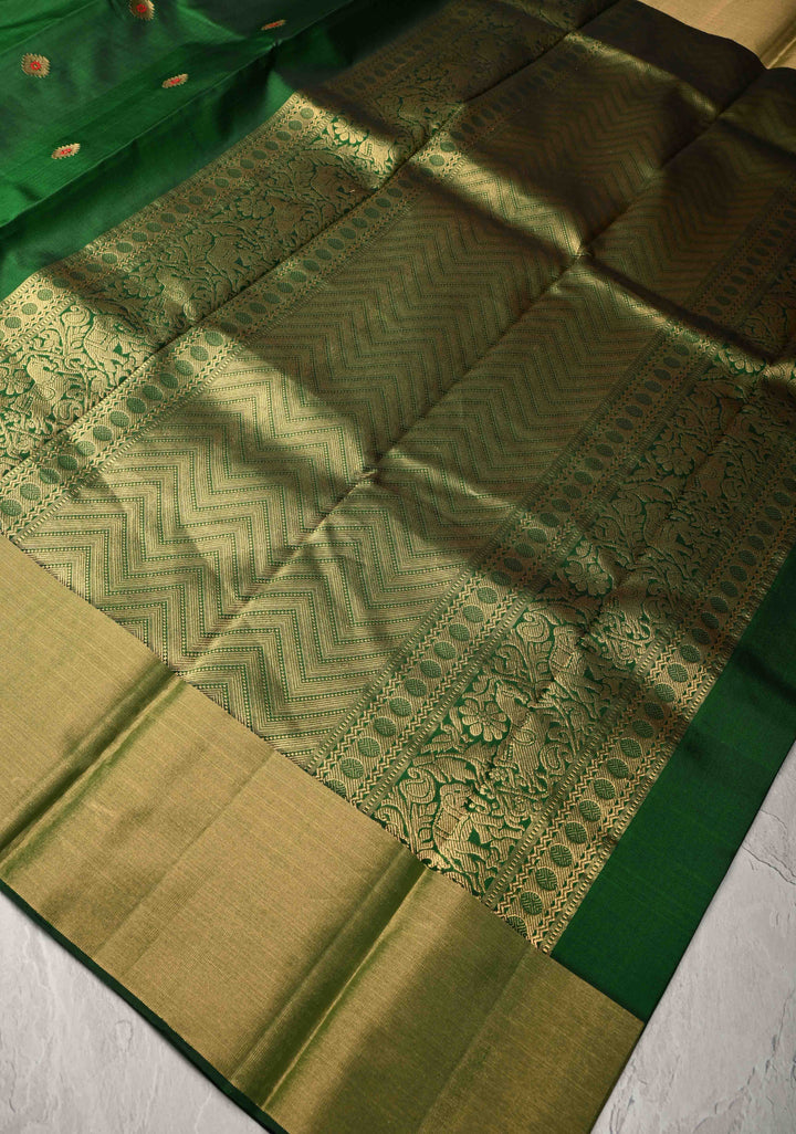 Emerald Green Kanjivaram Soft Silk Saree with Meenakari Buttas and Tissue Border | SILK MARK CERTIFIED