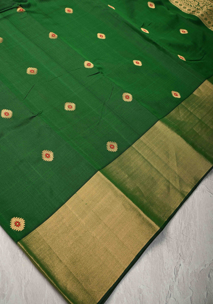 Emerald Green Kanjivaram Soft Silk Saree with Meenakari Buttas and Tissue Border | SILK MARK CERTIFIED