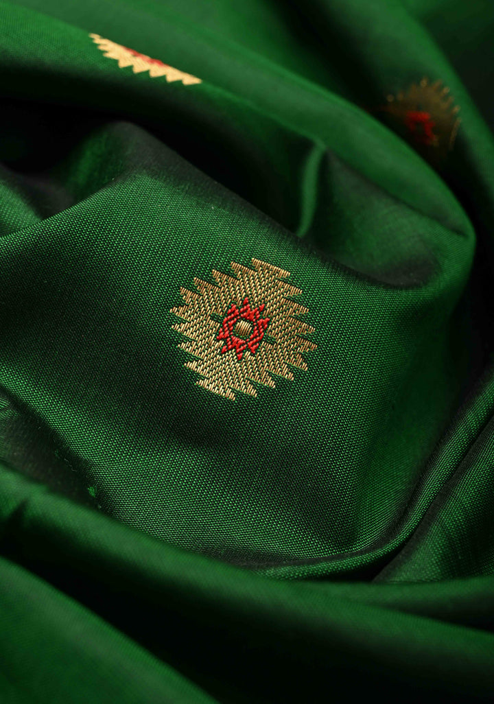 Emerald Green Kanjivaram Soft Silk Saree with Meenakari Buttas and Tissue Border | SILK MARK CERTIFIED