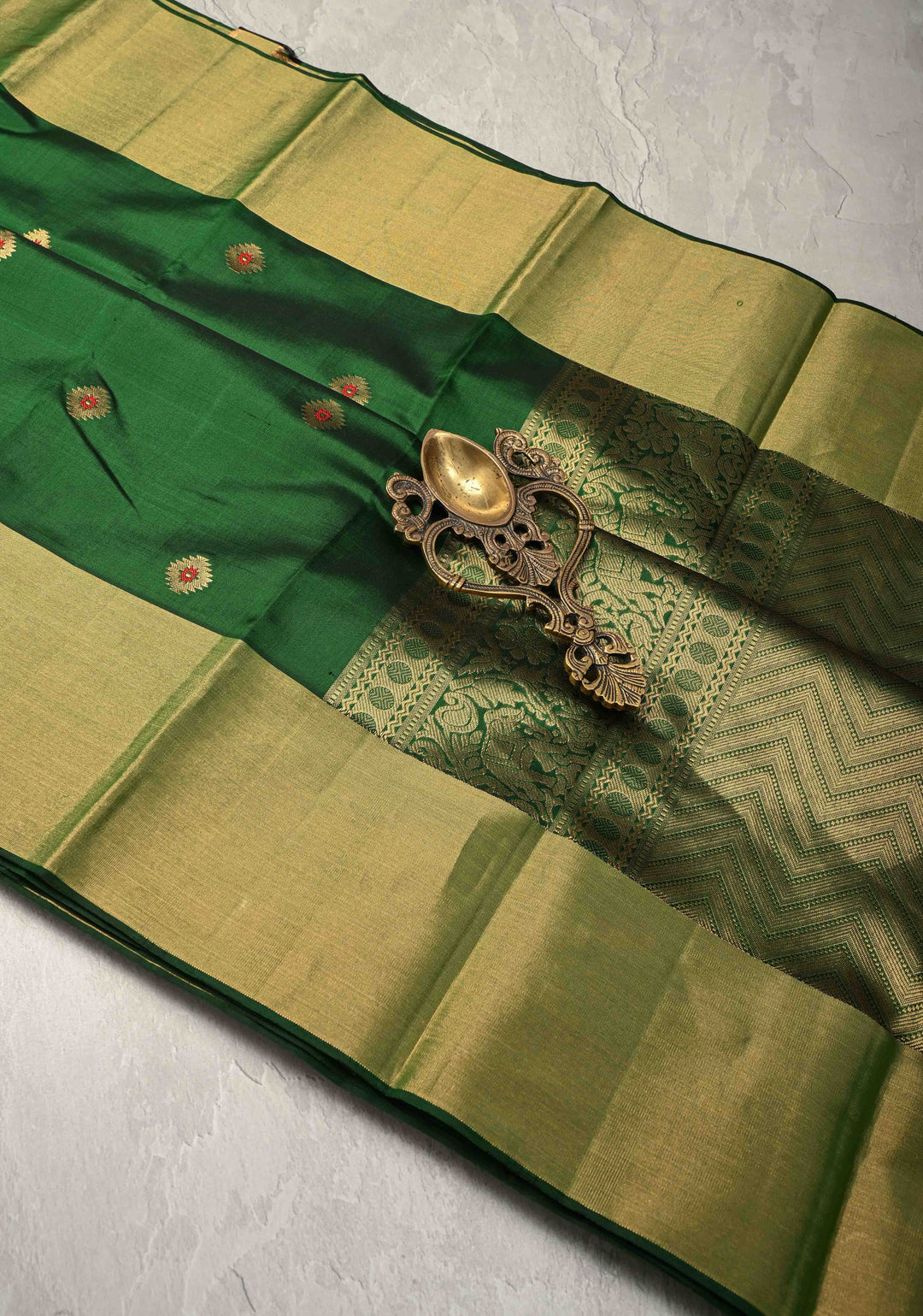Emerald Green Kanjivaram Soft Silk Saree with Meenakari Buttas and Tissue Border | SILK MARK CERTIFIED