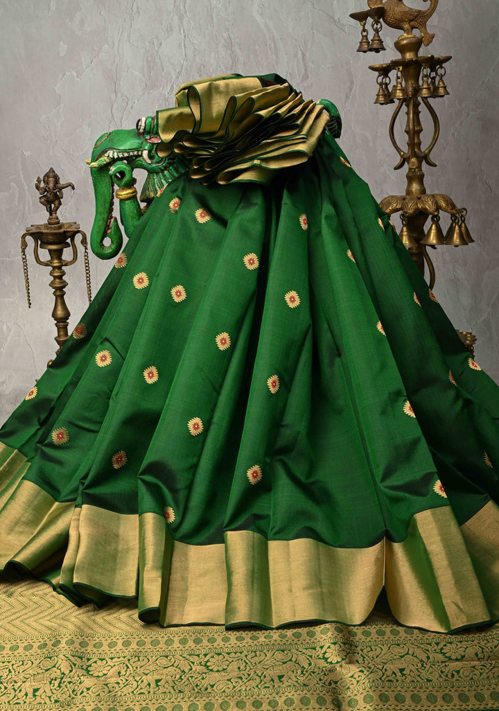 Emerald Green Kanjivaram Soft Silk Saree with Meenakari Buttas and Tissue Border | SILK MARK CERTIFIED