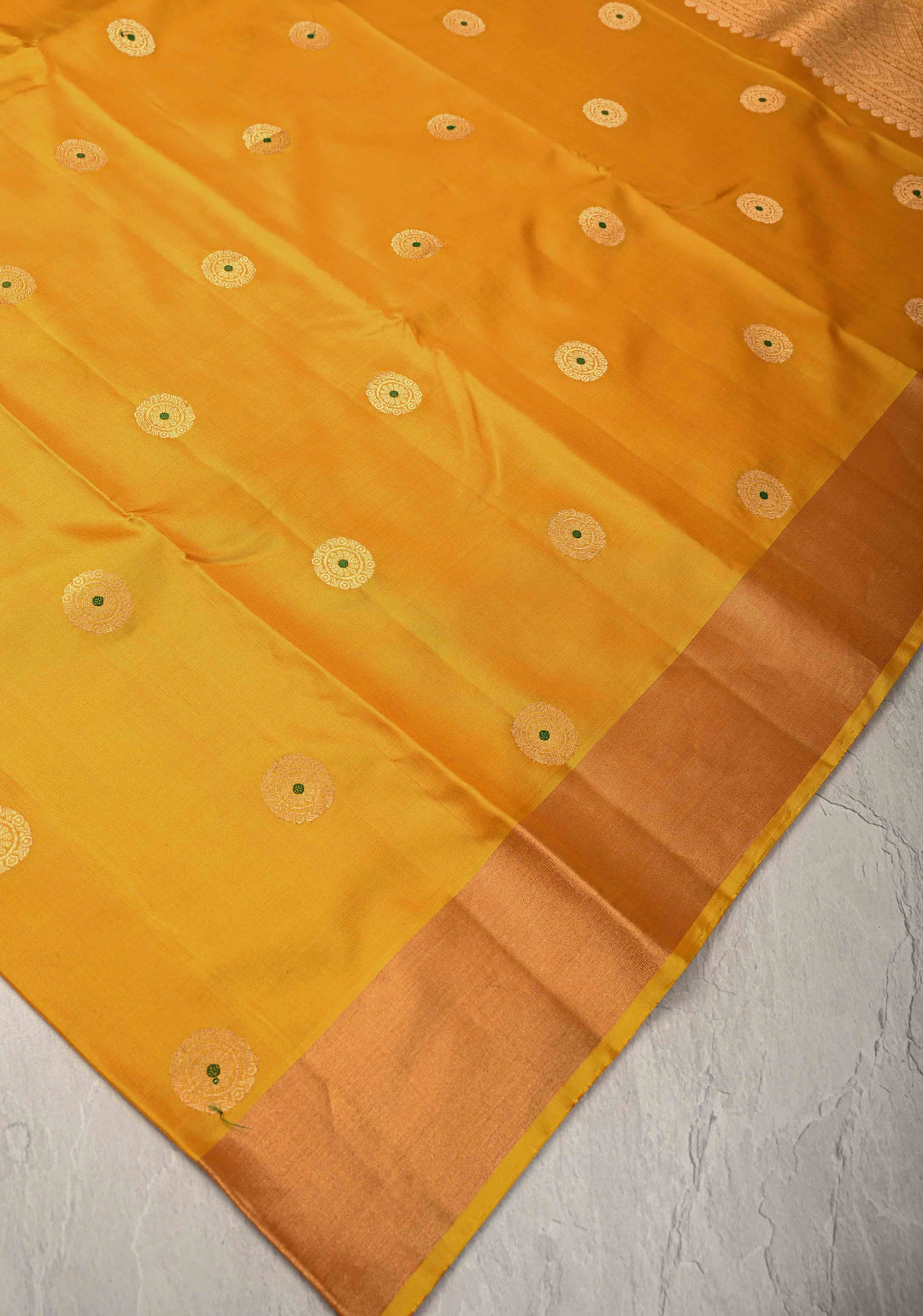 Mango Yellow Kanjivaram Soft Silk Saree with Meenakari Buttas and Tissue Border | SILK MARK CERTIFIED