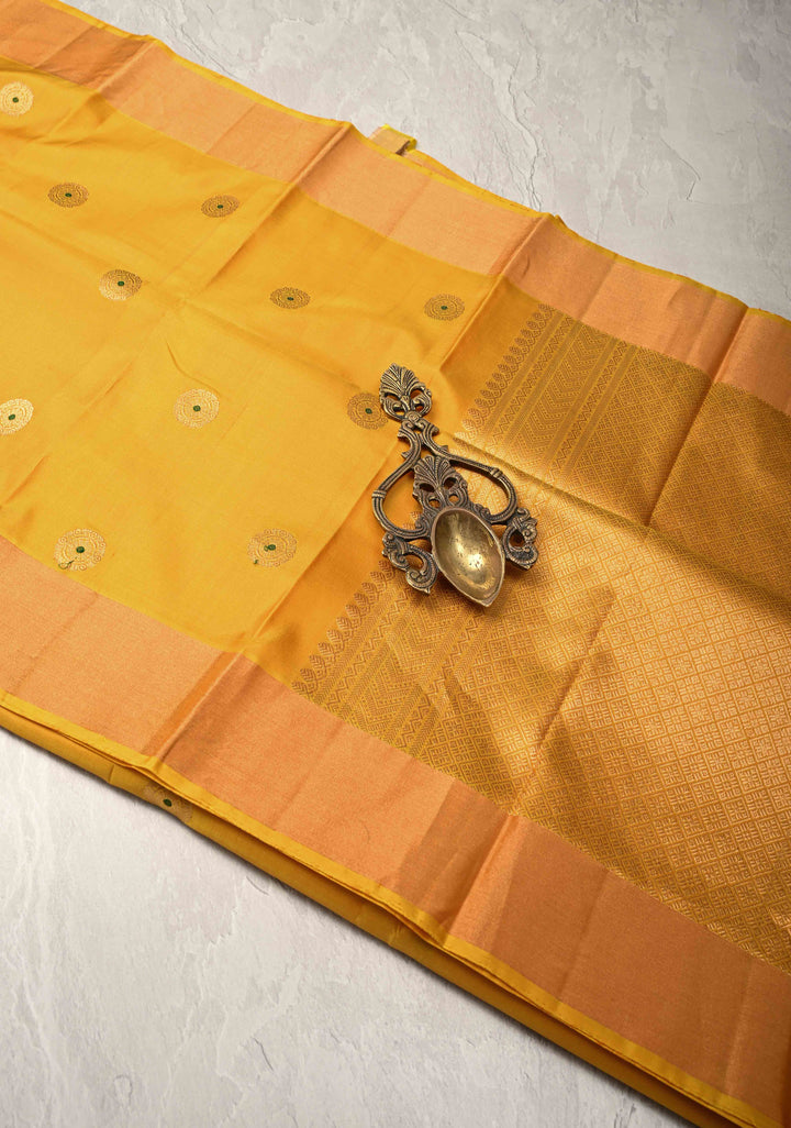 Mango Yellow Kanjivaram Soft Silk Saree with Meenakari Buttas and Tissue Border | SILK MARK CERTIFIED