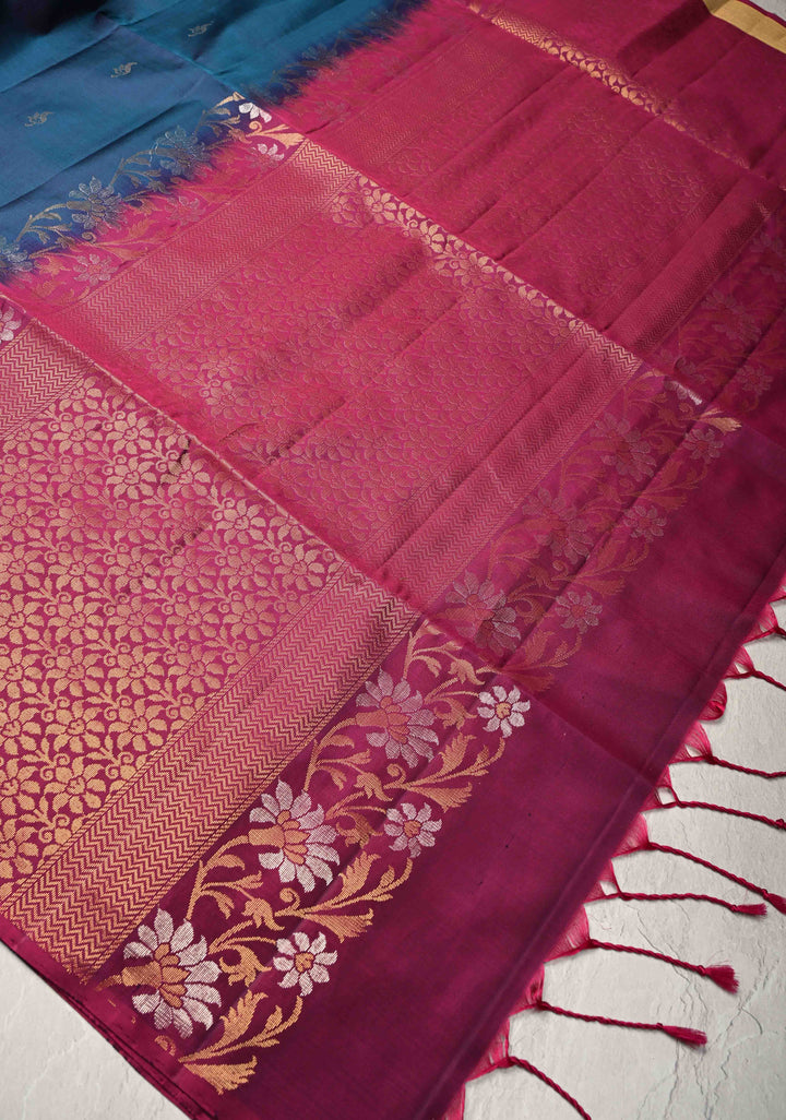 Peacock Blue Kanjivaram Soft Silk Saree with Zari Buttas and Contrast Zari Border | SILK MARK CERTIFIED