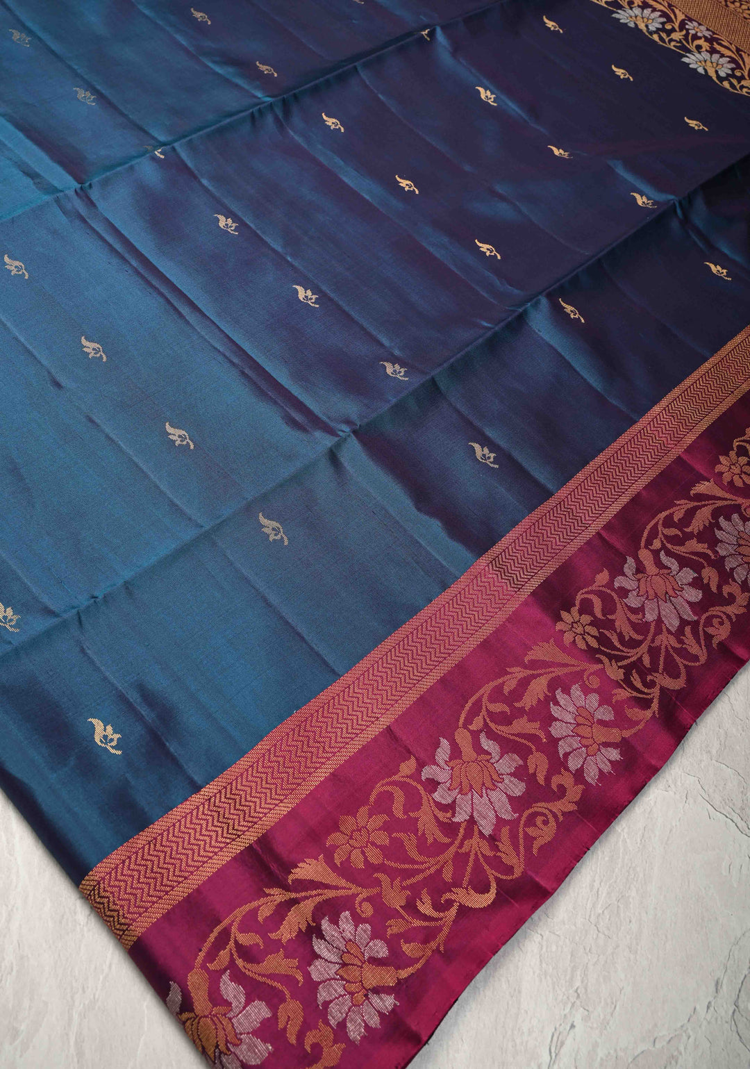 Peacock Blue Kanjivaram Soft Silk Saree with Zari Buttas and Contrast Zari Border | SILK MARK CERTIFIED