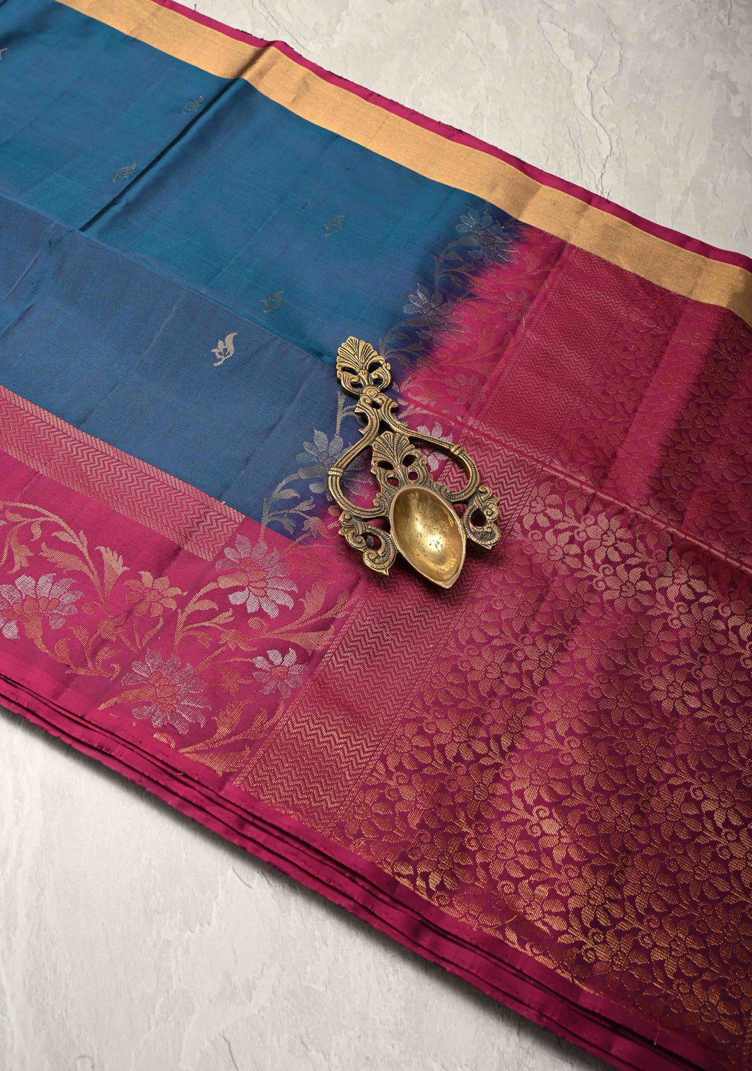 Peacock Blue Kanjivaram Soft Silk Saree with Zari Buttas and Contrast Zari Border | SILK MARK CERTIFIED