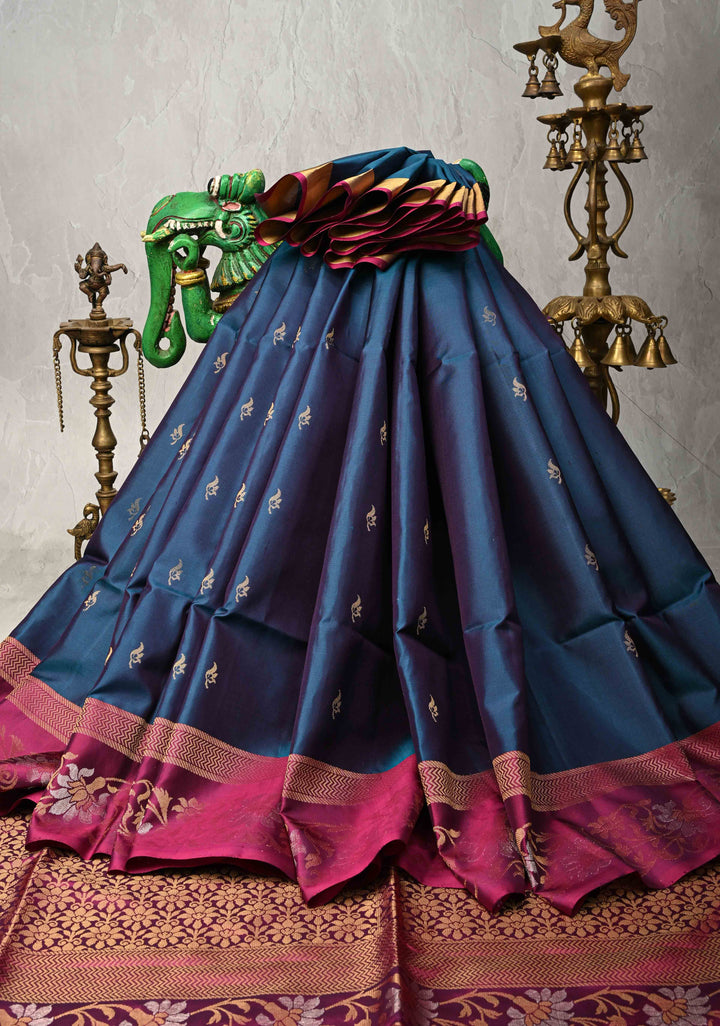 Peacock Blue Kanjivaram Soft Silk Saree with Zari Buttas and Contrast Zari Border | SILK MARK CERTIFIED