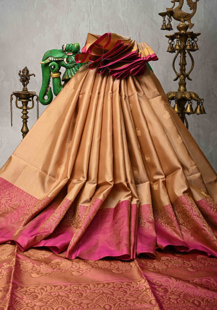 Beige  Kanjivaram Soft Silk Saree with Paisley Buttas and Contrast Zari Border | SILK MARK CERTIFIED