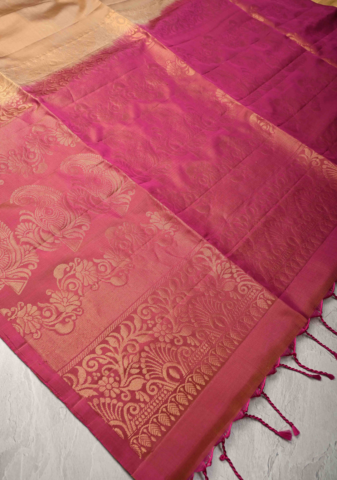 Beige  Kanjivaram Soft Silk Saree with Paisley Buttas and Contrast Zari Border | SILK MARK CERTIFIED