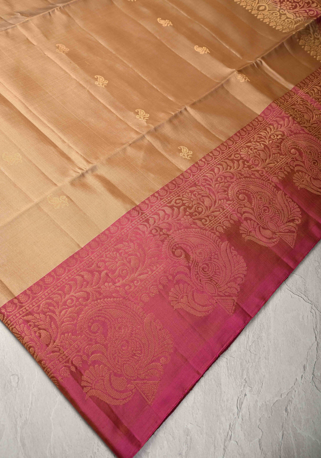 Beige  Kanjivaram Soft Silk Saree with Paisley Buttas and Contrast Zari Border | SILK MARK CERTIFIED