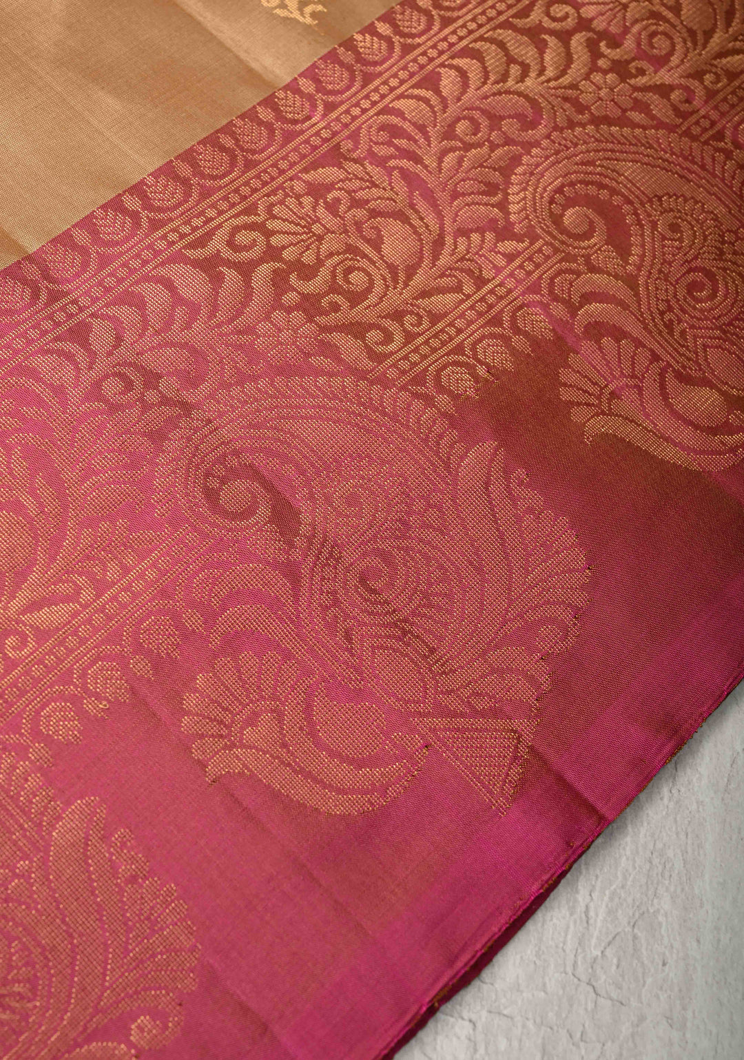 Beige  Kanjivaram Soft Silk Saree with Paisley Buttas and Contrast Zari Border | SILK MARK CERTIFIED