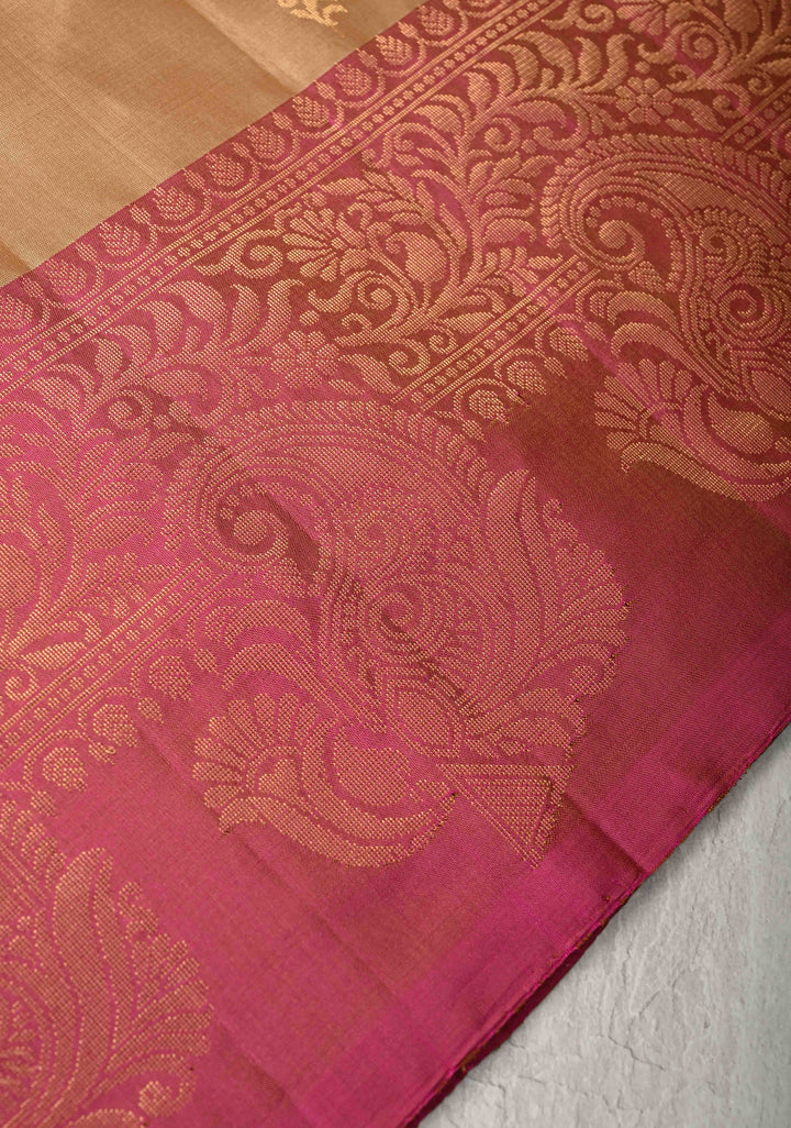 Beige  Kanjivaram Soft Silk Saree with Paisley Buttas and Contrast Zari Border | SILK MARK CERTIFIED