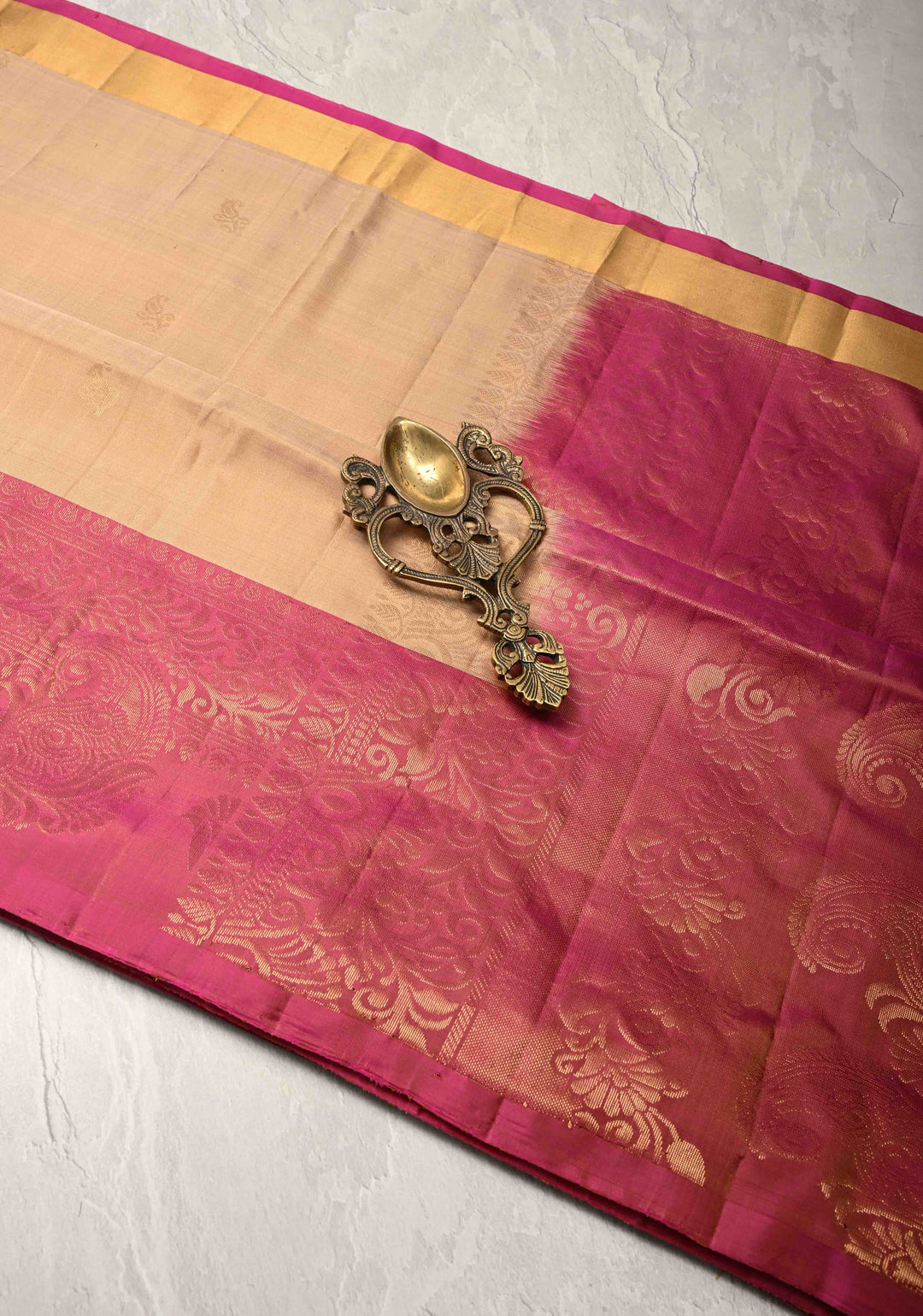 Beige  Kanjivaram Soft Silk Saree with Paisley Buttas and Contrast Zari Border | SILK MARK CERTIFIED