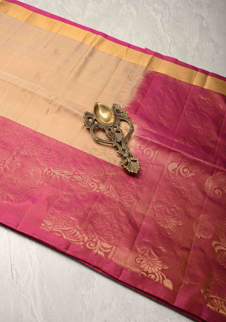 Beige  Kanjivaram Soft Silk Saree with Paisley Buttas and Contrast Zari Border | SILK MARK CERTIFIED