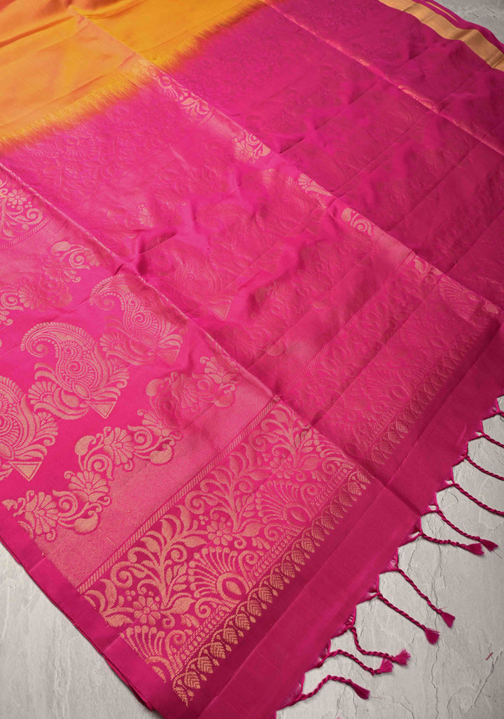 Mustard Dual tone Kanjivaram Soft Silk Saree with Paisley Buttas and Contrast Zari Border | SILK MARK CERTIFIED