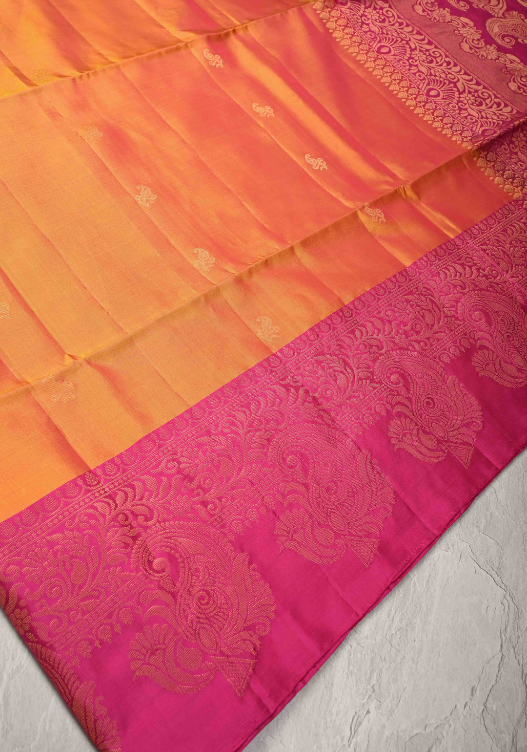 Mustard Dual tone Kanjivaram Soft Silk Saree with Paisley Buttas and Contrast Zari Border | SILK MARK CERTIFIED