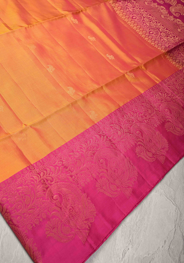 Mustard Dual tone Kanjivaram Soft Silk Saree with Paisley Buttas and Contrast Zari Border | SILK MARK CERTIFIED