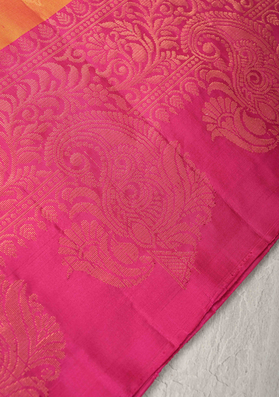Mustard Dual tone Kanjivaram Soft Silk Saree with Paisley Buttas and Contrast Zari Border | SILK MARK CERTIFIED
