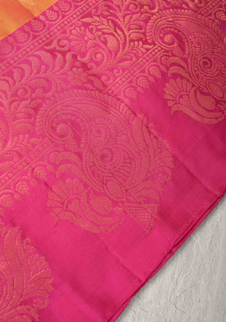 Mustard Dual tone Kanjivaram Soft Silk Saree with Paisley Buttas and Contrast Zari Border | SILK MARK CERTIFIED