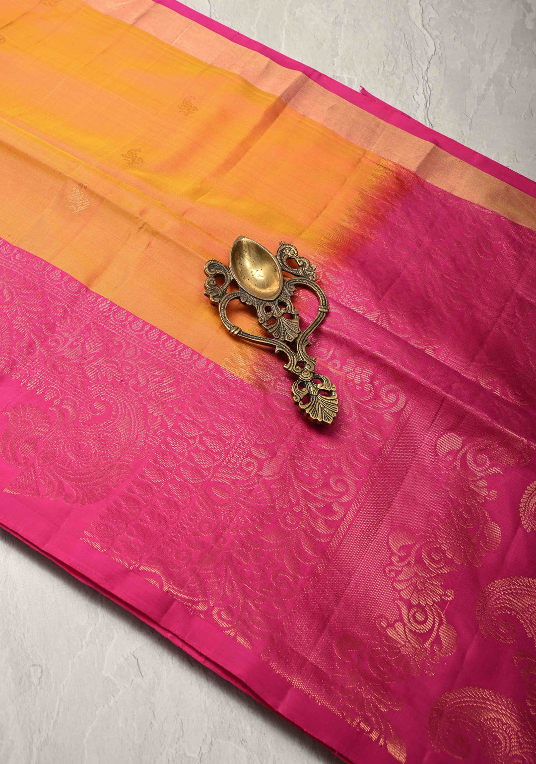 Mustard Dual tone Kanjivaram Soft Silk Saree with Paisley Buttas and Contrast Zari Border | SILK MARK CERTIFIED