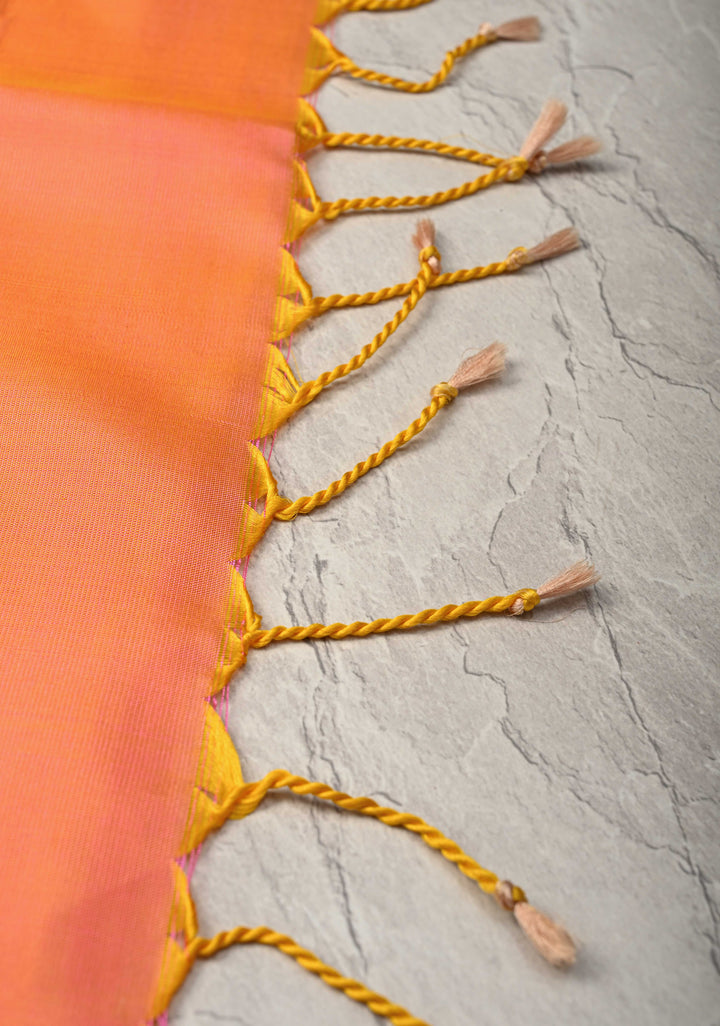 Kesari Dual tone Kanjivaram Soft Silk Saree with Resham Weave Buttas and Border | SILK MARK CERTIFIED