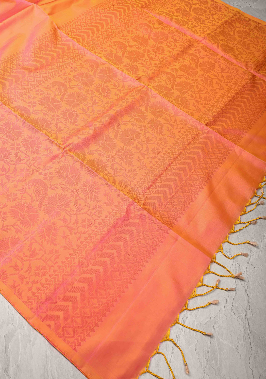 Kesari Dual tone Kanjivaram Soft Silk Saree with Resham Weave Buttas and Border | SILK MARK CERTIFIED
