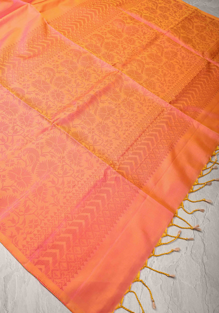 Kesari Dual tone Kanjivaram Soft Silk Saree with Resham Weave Buttas and Border | SILK MARK CERTIFIED