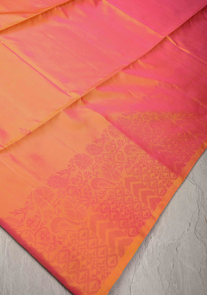 Kesari Dual tone Kanjivaram Soft Silk Saree with Resham Weave Buttas and Border | SILK MARK CERTIFIED
