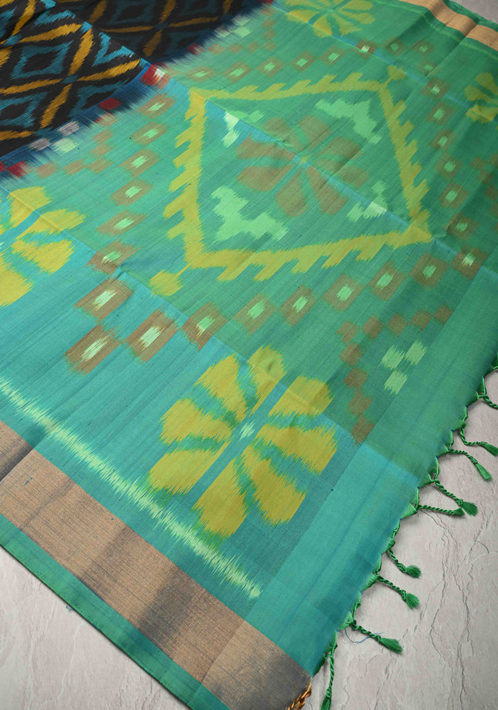 Black fusion Ikkat Kanjivaram Soft Silk Saree with Geometric Jaal and Contrast Zari Border | SILK MARK CERTIFIED