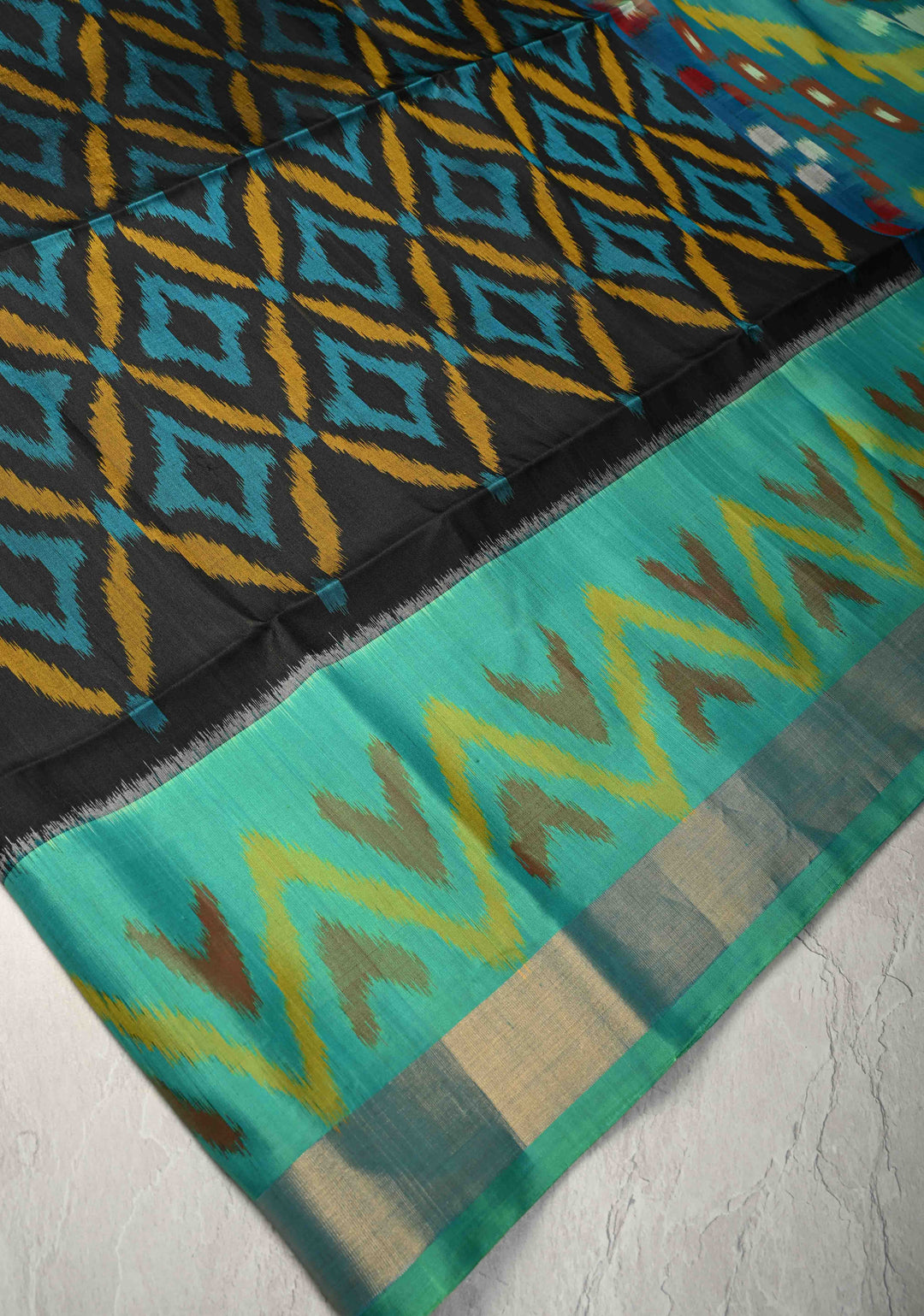 Black fusion Ikkat Kanjivaram Soft Silk Saree with Geometric Jaal and Contrast Zari Border | SILK MARK CERTIFIED