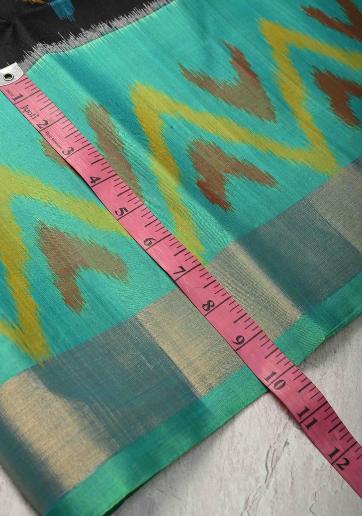 Black fusion Ikkat Kanjivaram Soft Silk Saree with Geometric Jaal and Contrast Zari Border | SILK MARK CERTIFIED